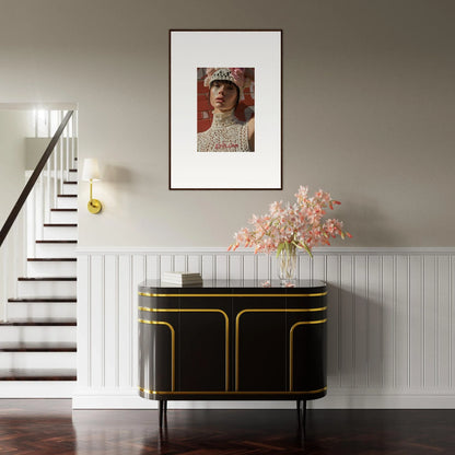 Elegant black and gold sideboard with curved edges beneath a framed portrait and floral arrangement.