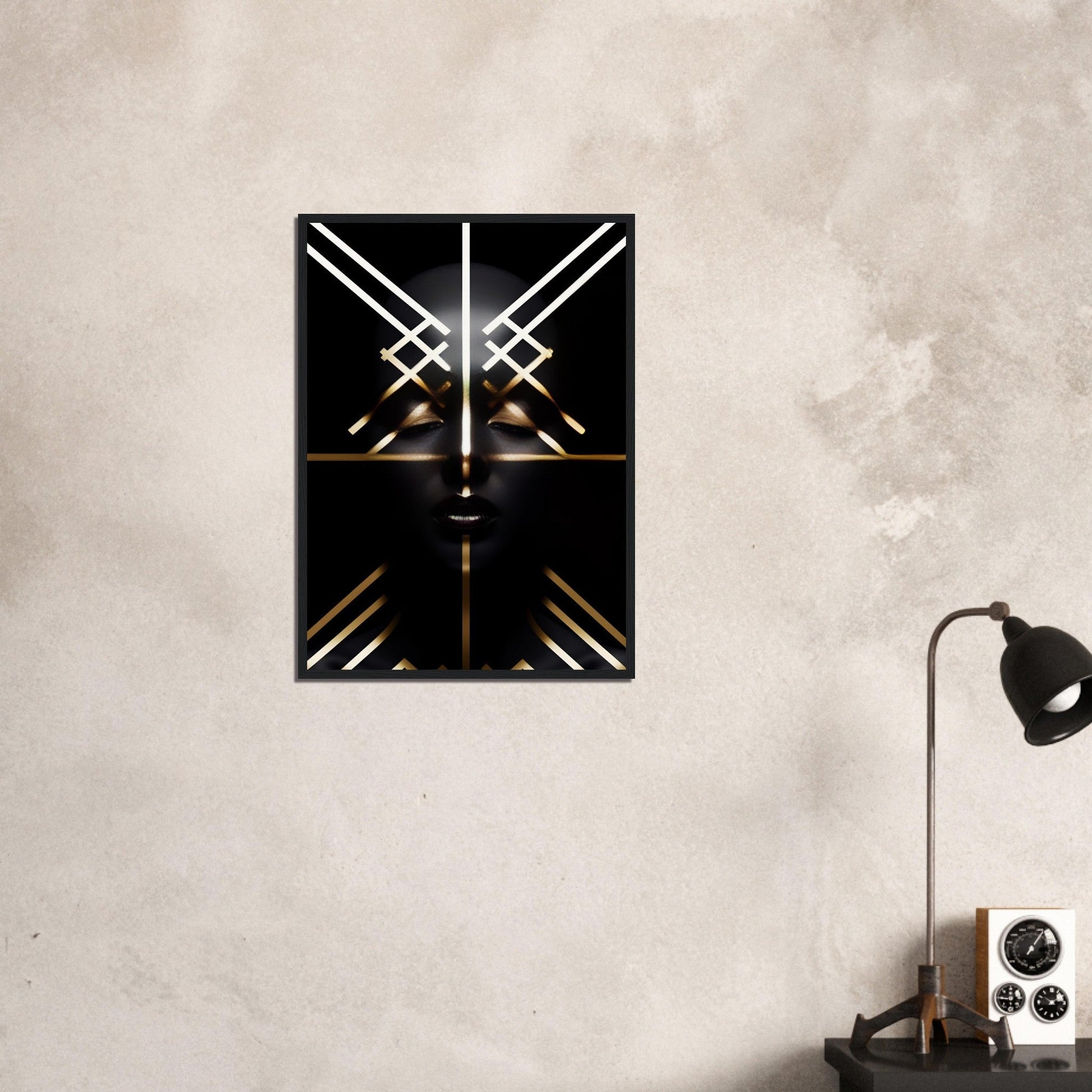 Framed artwork depicting crossed lightsabers in a geometric design.