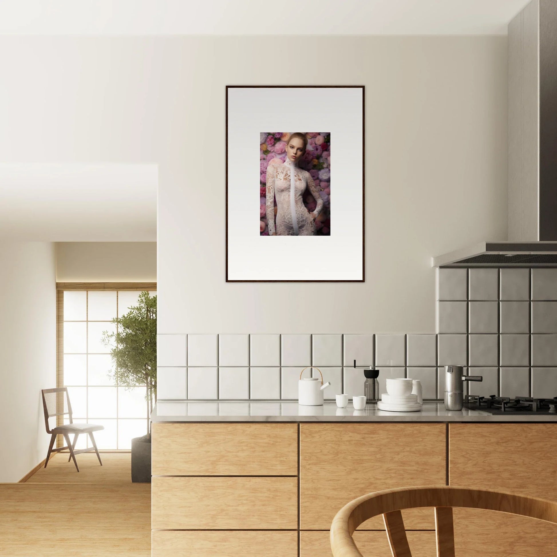 Framed artwork depicting a nude figure in soft, pinkish tones.