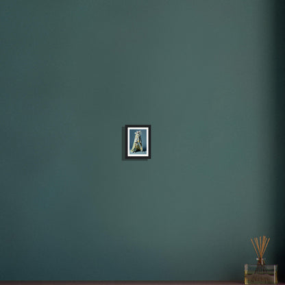 Framed portrait of a person wearing a blue outfit hanging on a dark green wall.