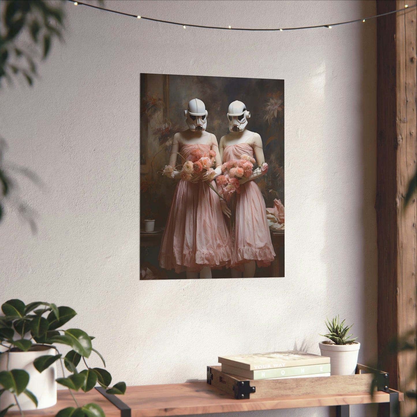 Framed artwork depicting two figures in pink dresses wearing stormtrooper helmets.