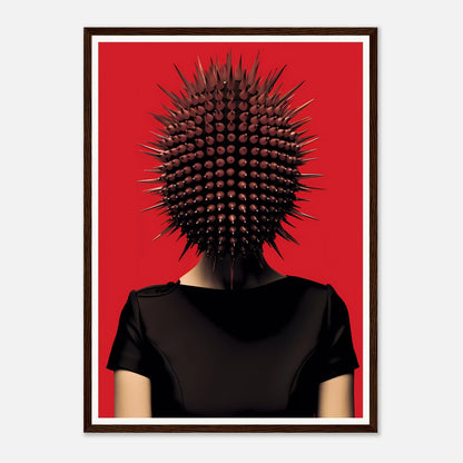 Spiky, spherical headpiece resembling a sea urchin worn by a person in a black shirt against a red background.