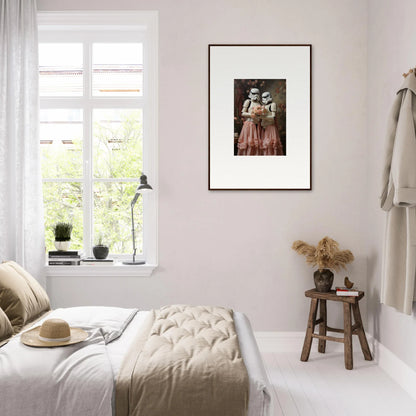 Cozy bedroom with a framed artwork on the wall.