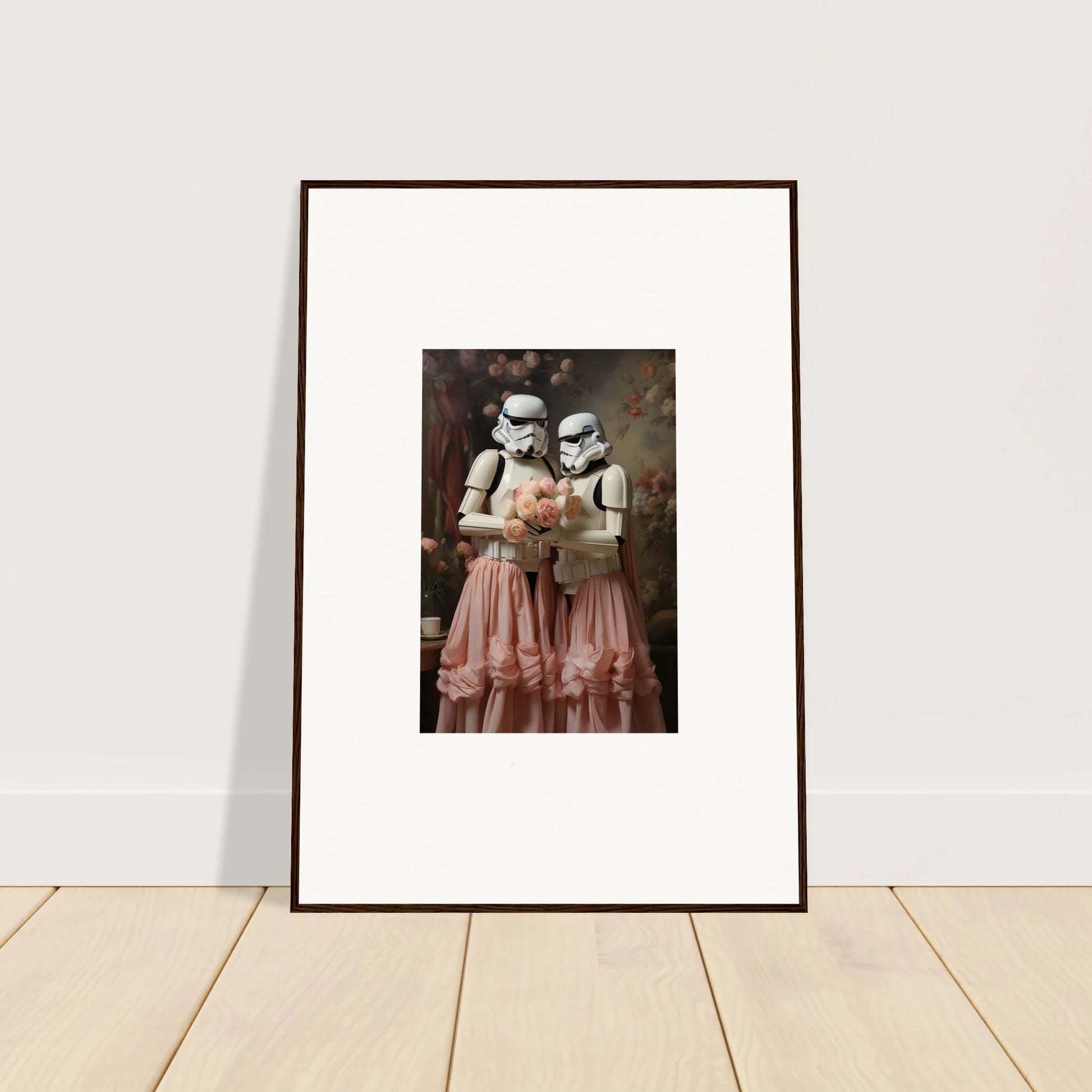 Framed artwork depicting two Stormtroopers wearing pink tutus.