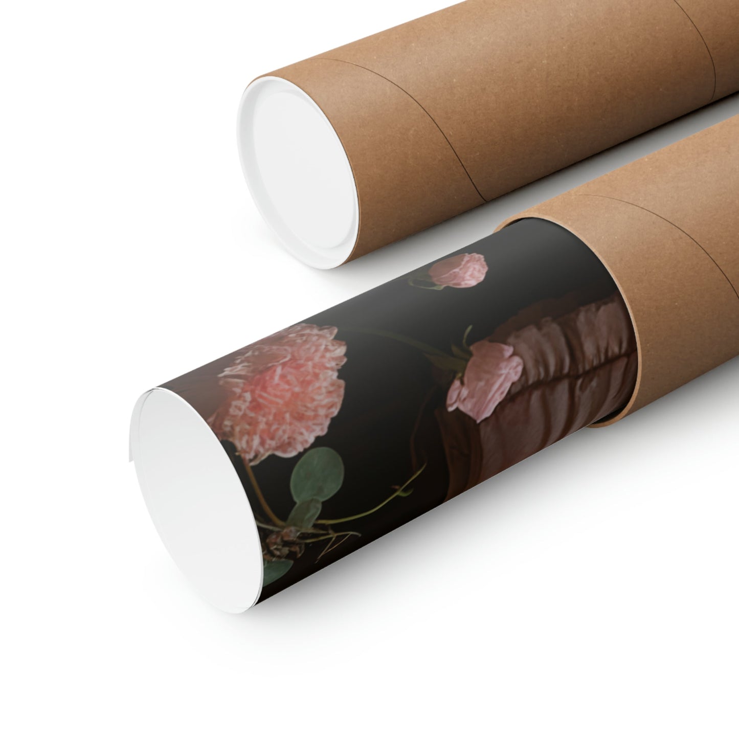 Cylindrical cardboard tubes, one plain and one decorated with a floral design.