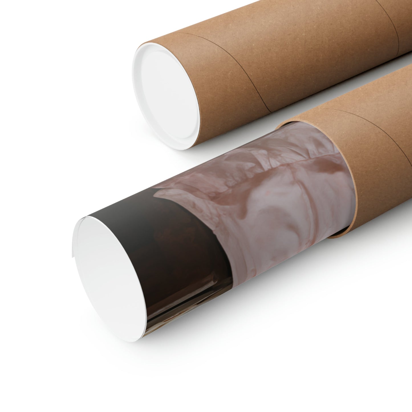 Cylindrical cardboard mailing tubes, one with a clear plastic window.