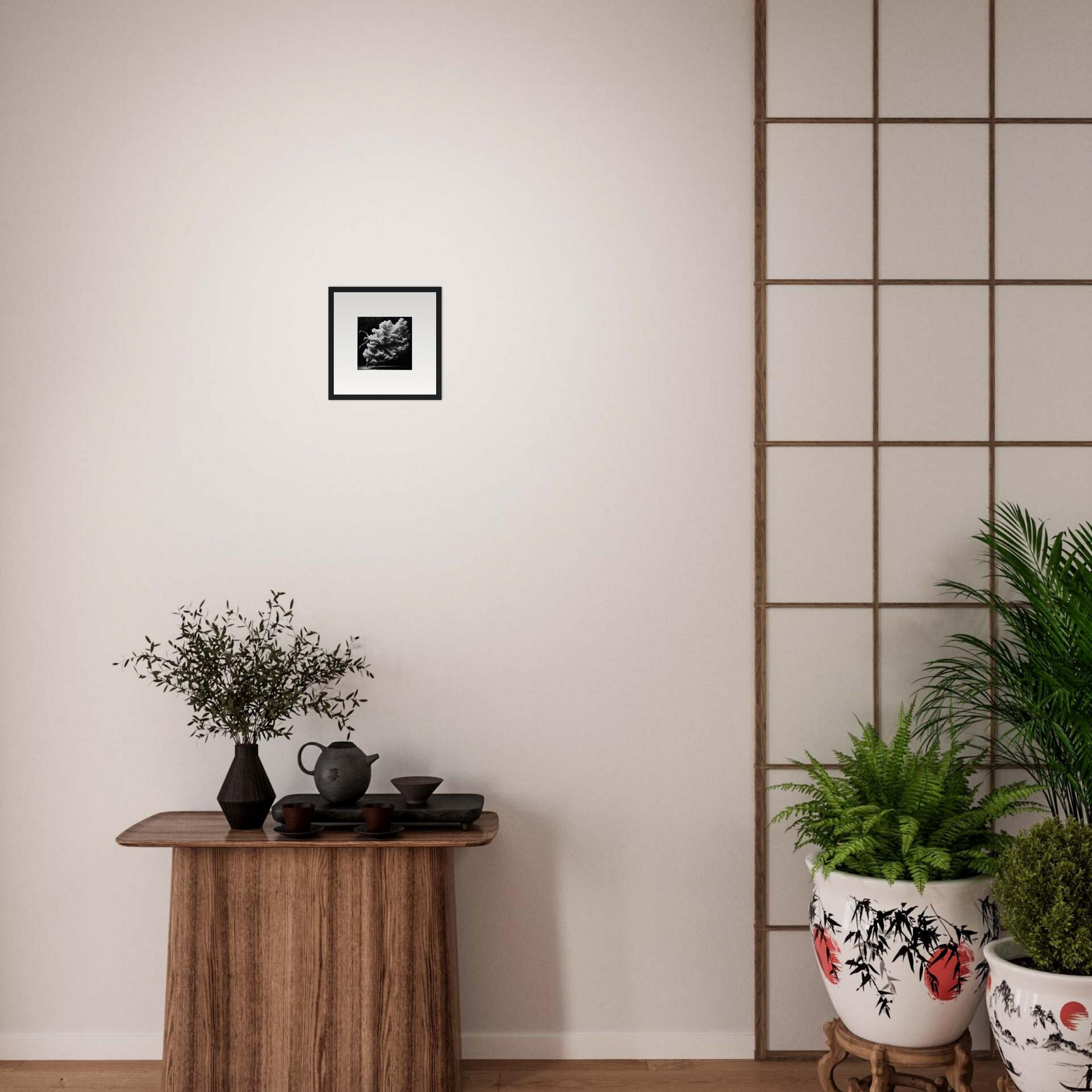 Wooden side table with decorative plants and vases.