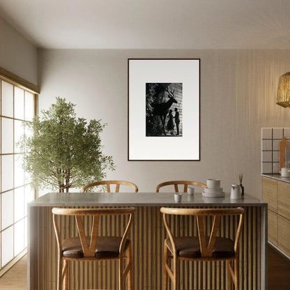 Dining table with wooden chairs and a potted tree.