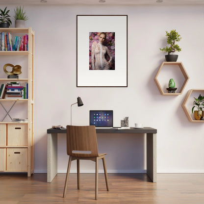 Modern home office workspace with a desk, chair, and decorative wall shelves.