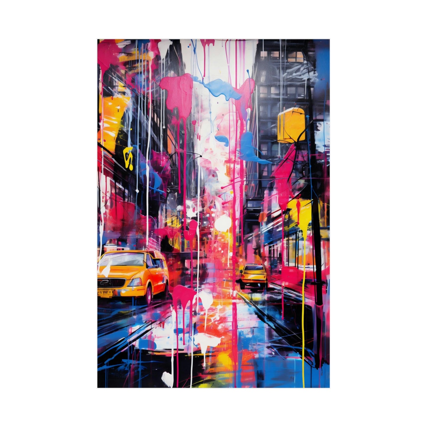 Vibrant abstract painting of a city street with taxis and colorful dripping paint effects.