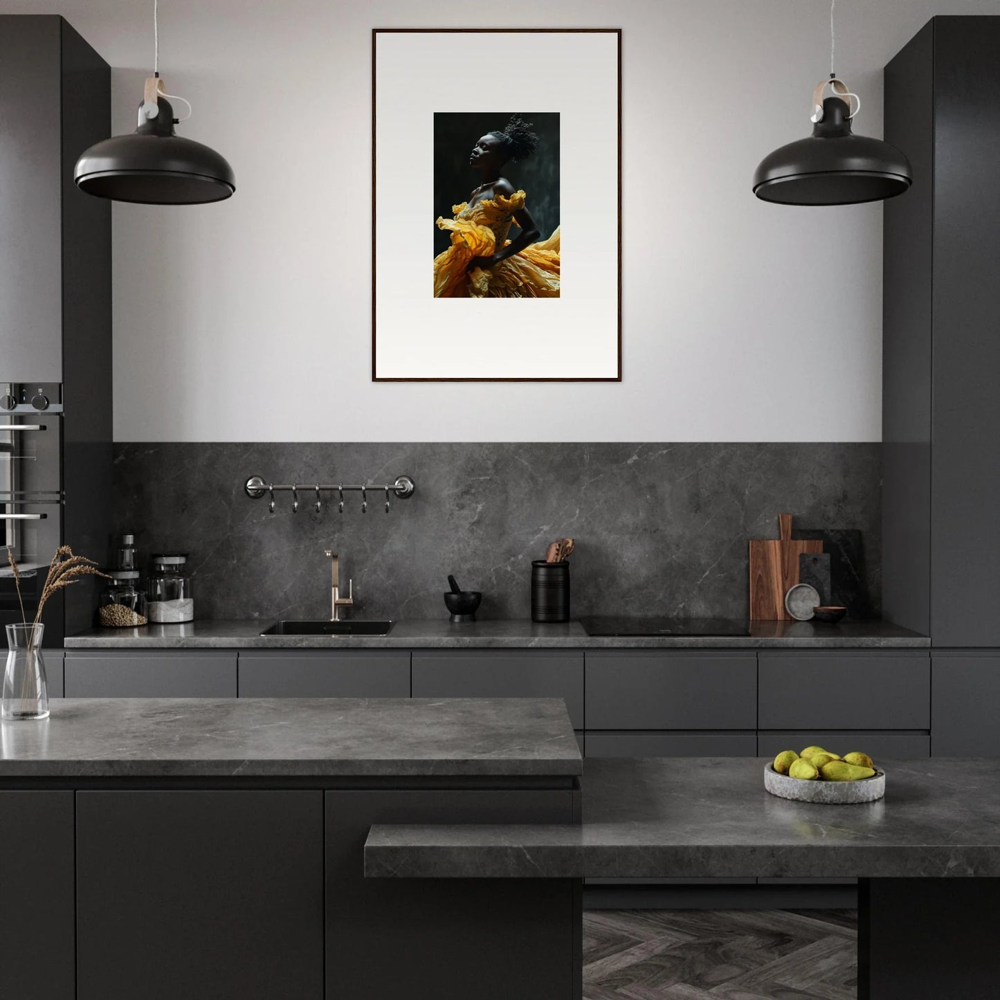 Modern, sleek kitchen with dark gray cabinetry and countertops.