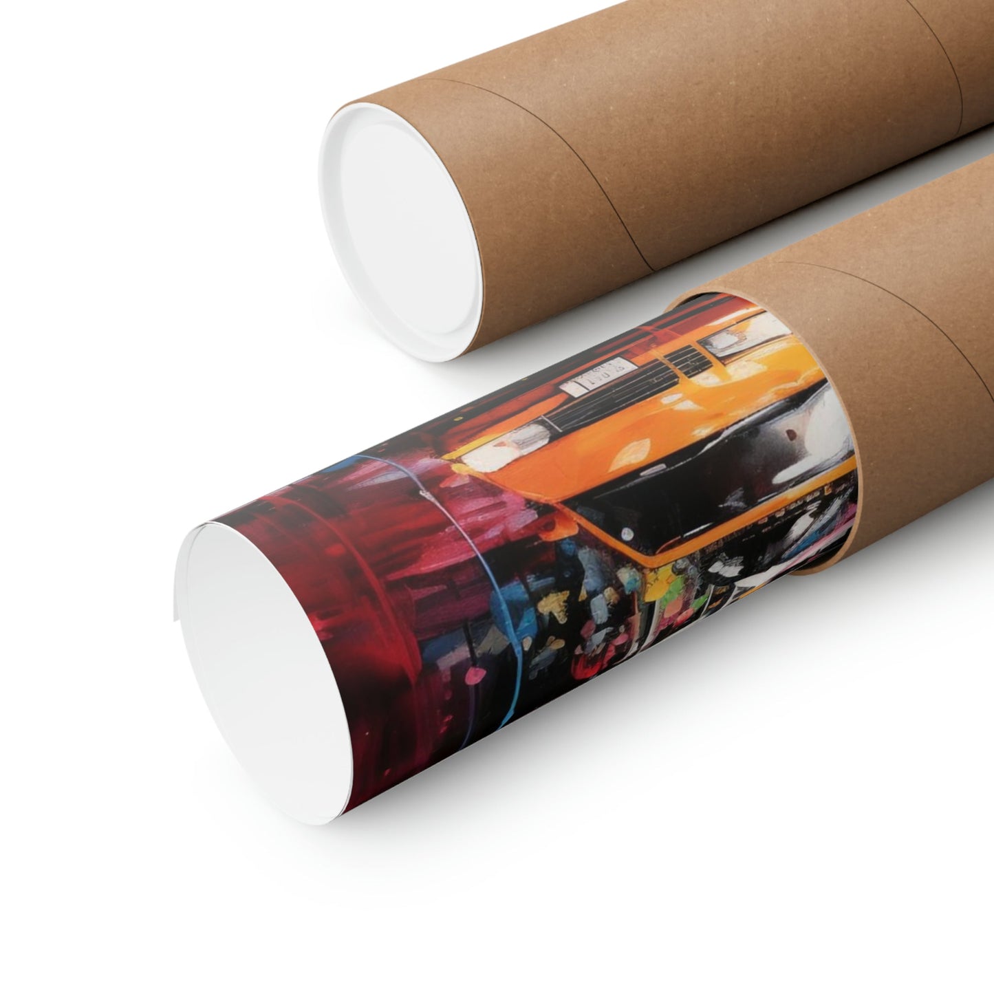 Cardboard mailing tubes, one plain and one with a colorful car image printed on it.