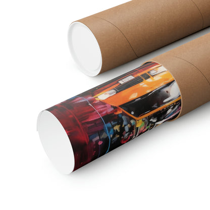 Cardboard mailing tubes, one plain and one with a colorful car image printed on it.