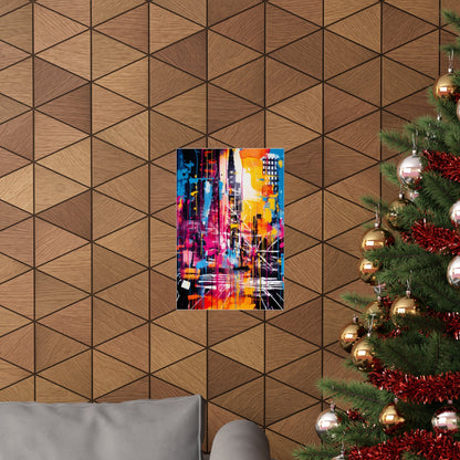 Colorful abstract cityscape painting hanging on a geometric patterned wall.