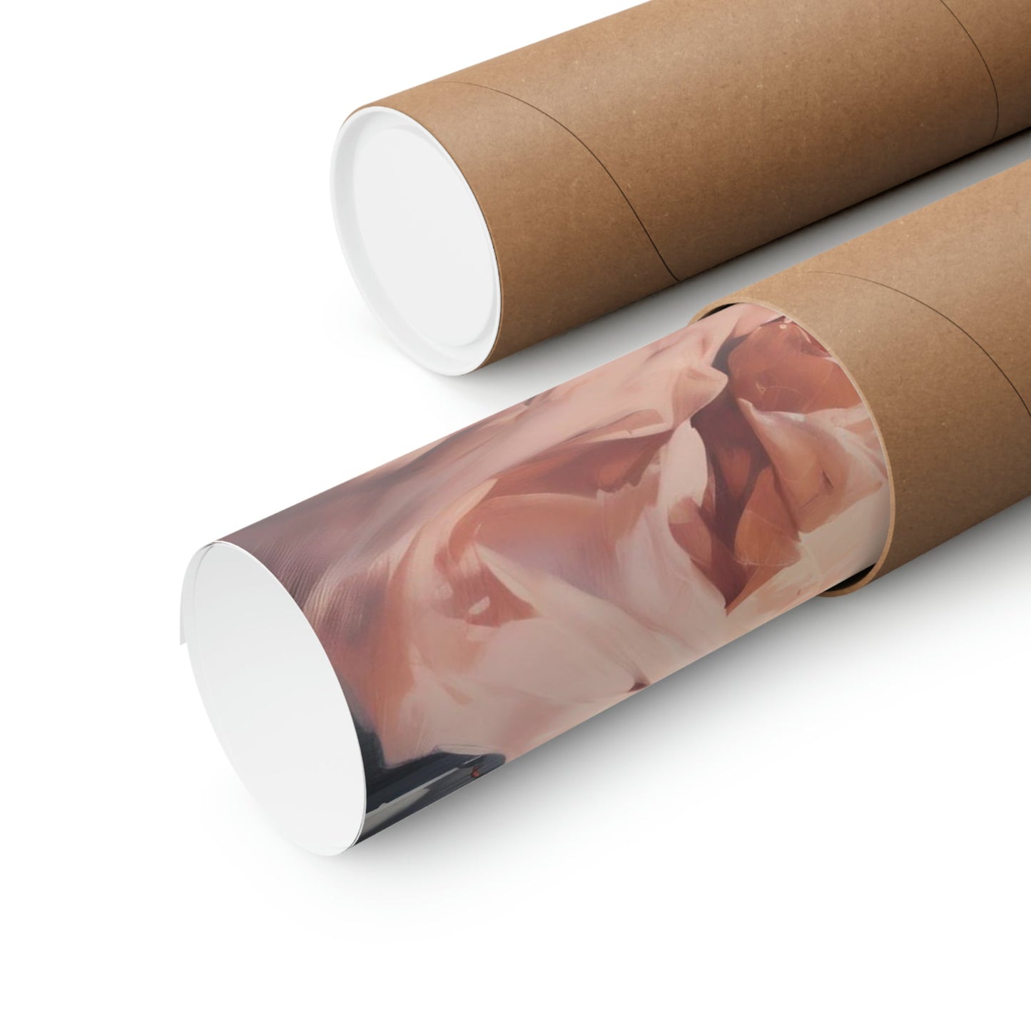 Cardboard mailing tubes, one with a partially unrolled image inside.