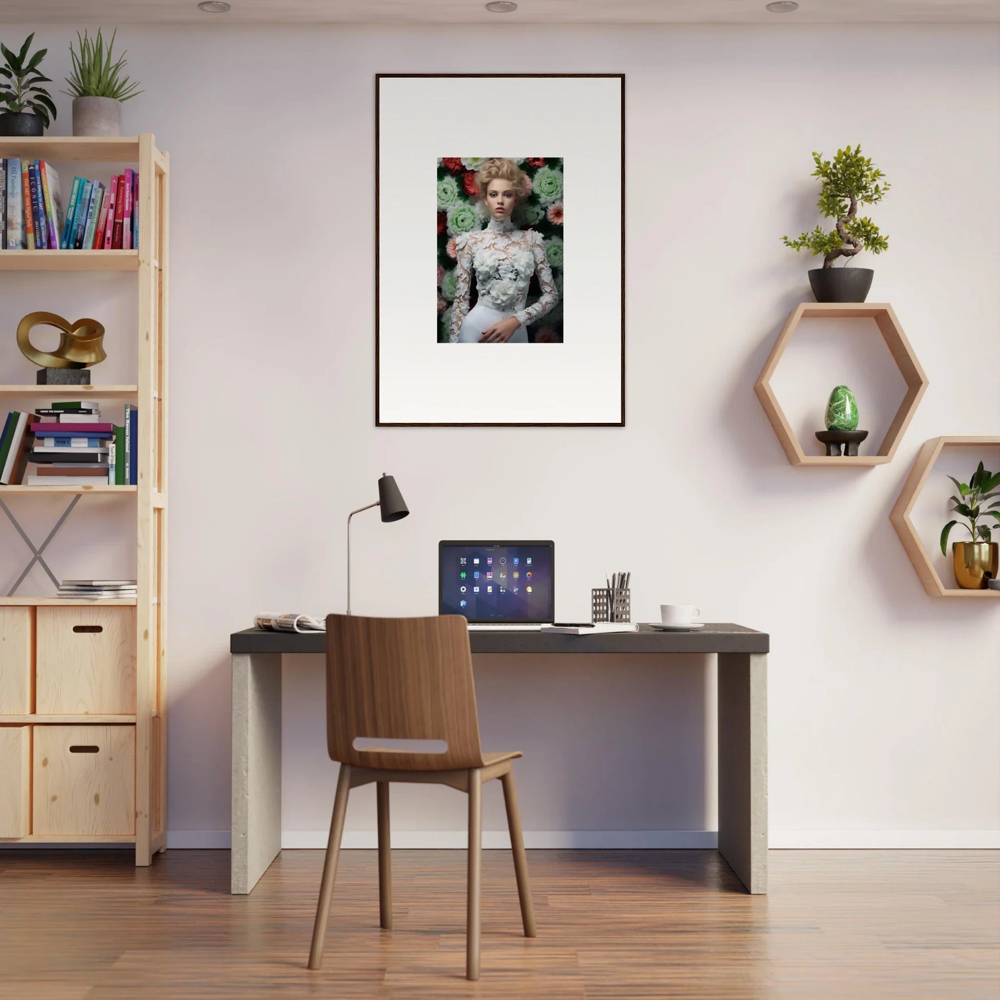 Home office workspace with a desk, chair, and decorative wall elements.