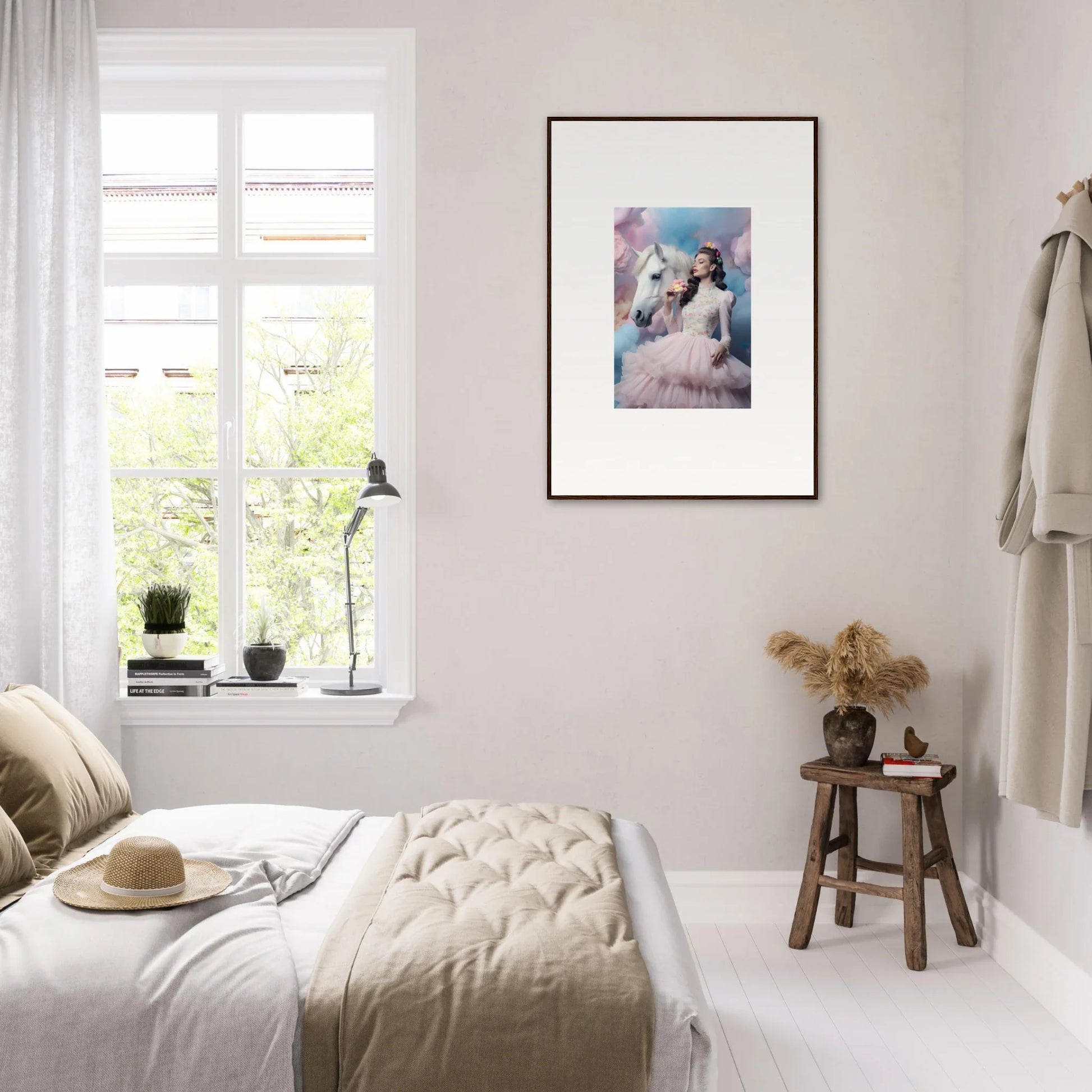 Cozy bedroom with a framed artwork on the wall.