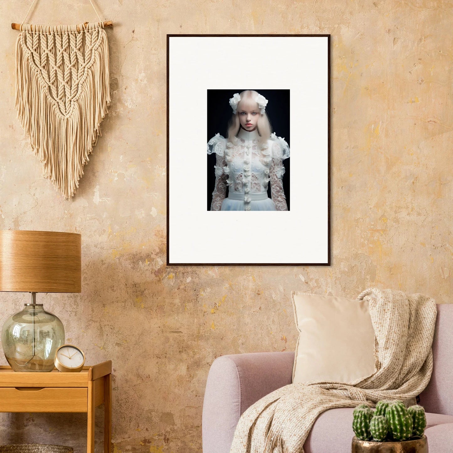 Framed photograph of a person with pale skin and hair wearing an ornate white outfit.