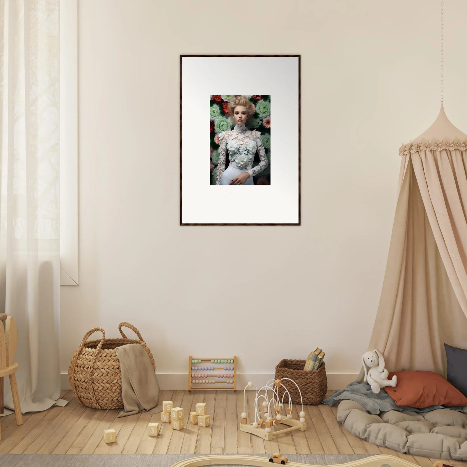 Framed portrait of a woman in a white lace dress against a green background.