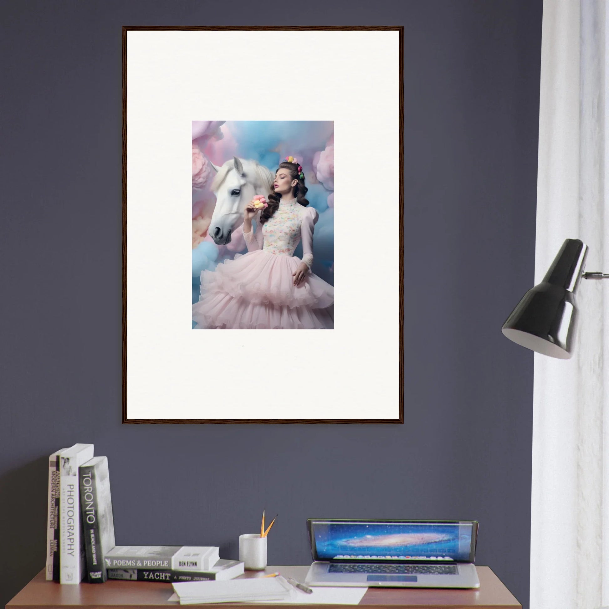 Framed artwork depicting a woman in a pink dress with a white horse against a pastel background.