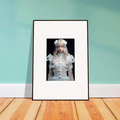 Framed photograph of a person wearing an elaborate white outfit with a ruffled collar and pale hair.