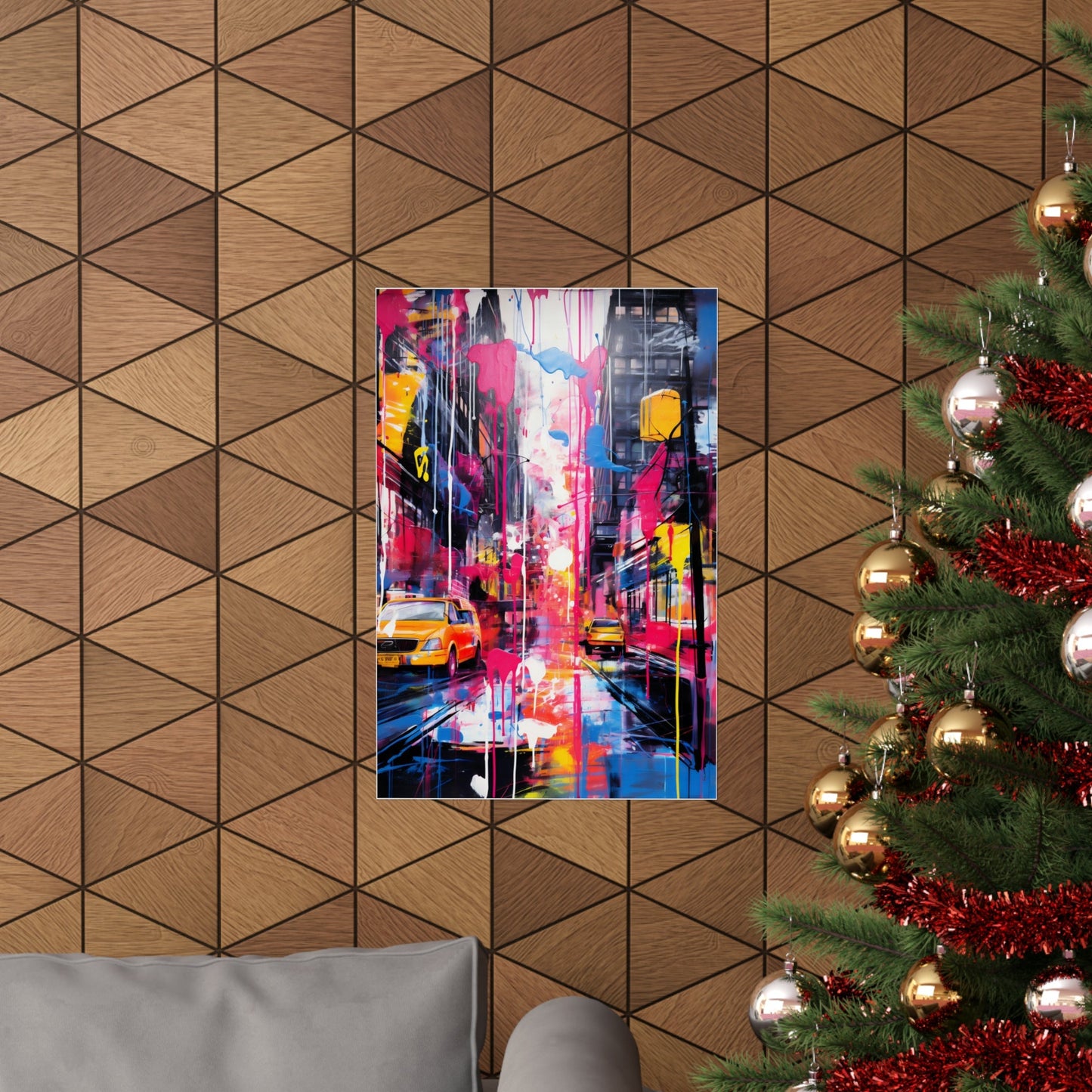 Vibrant abstract painting of a city street scene with taxis and colorful lights.