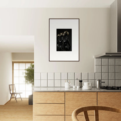 Modern kitchen with wooden cabinets, tiled backsplash, and framed artwork.