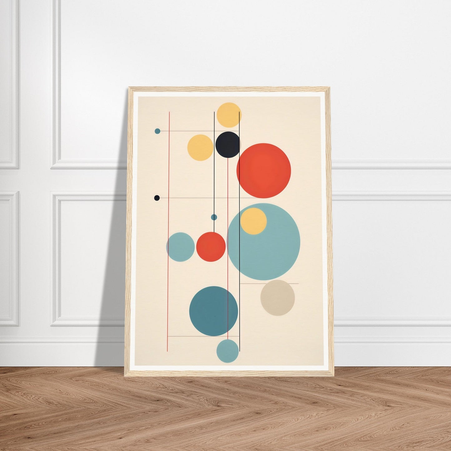 Abstract geometric artwork featuring colorful circles and lines in a minimalist composition.