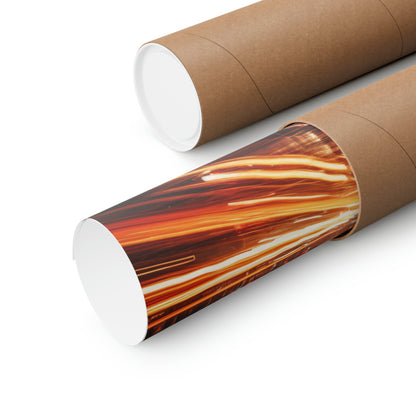 Cardboard tubes or mailing tubes, one plain and one with a vibrant orange and red abstract design printed on it.