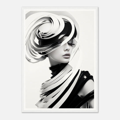 Striking black and white portrait featuring an avant-garde sculptural hat and draped fabric.