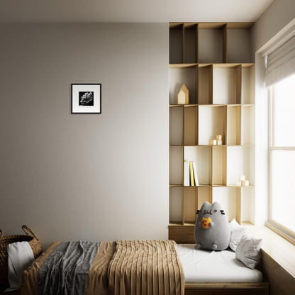 Cozy bedroom with built-in shelving and a window seat.