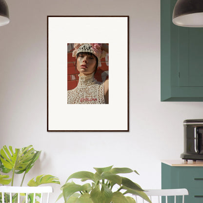 Framed portrait of a person wearing a white lace top and a tiara.