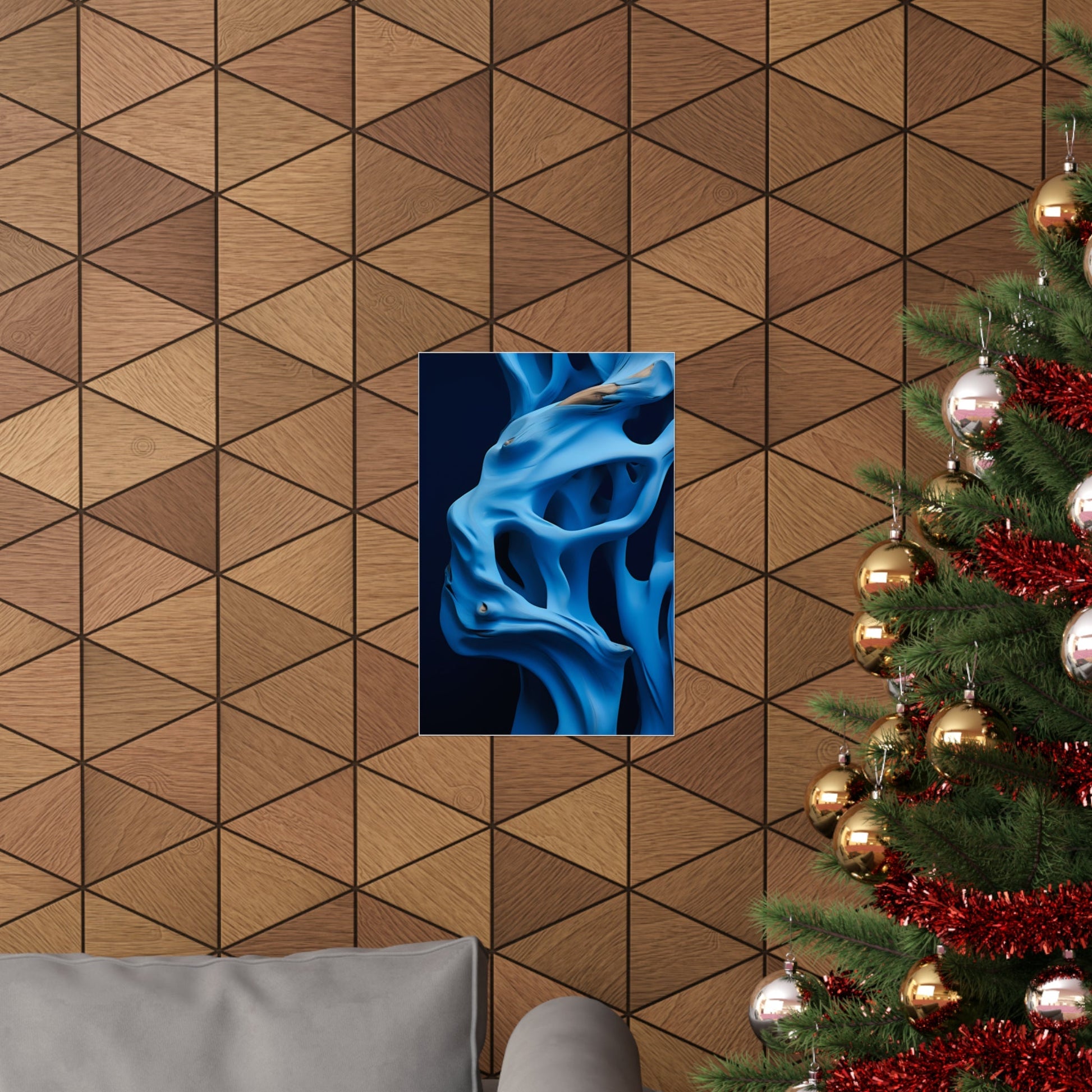 Abstract blue flame-like pattern on a dark background canvas.