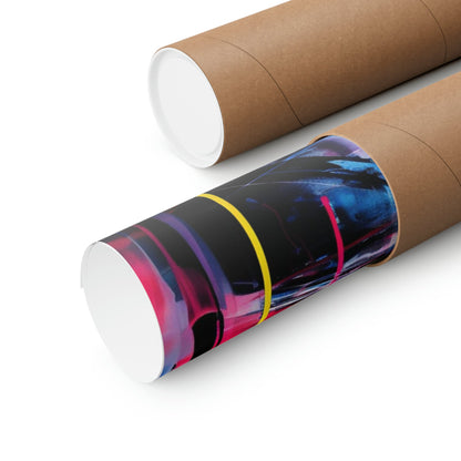 Cardboard mailing tubes, one with a colorful abstract design wrap.