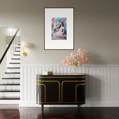 Elegant black sideboard with gold trim and curved edges.