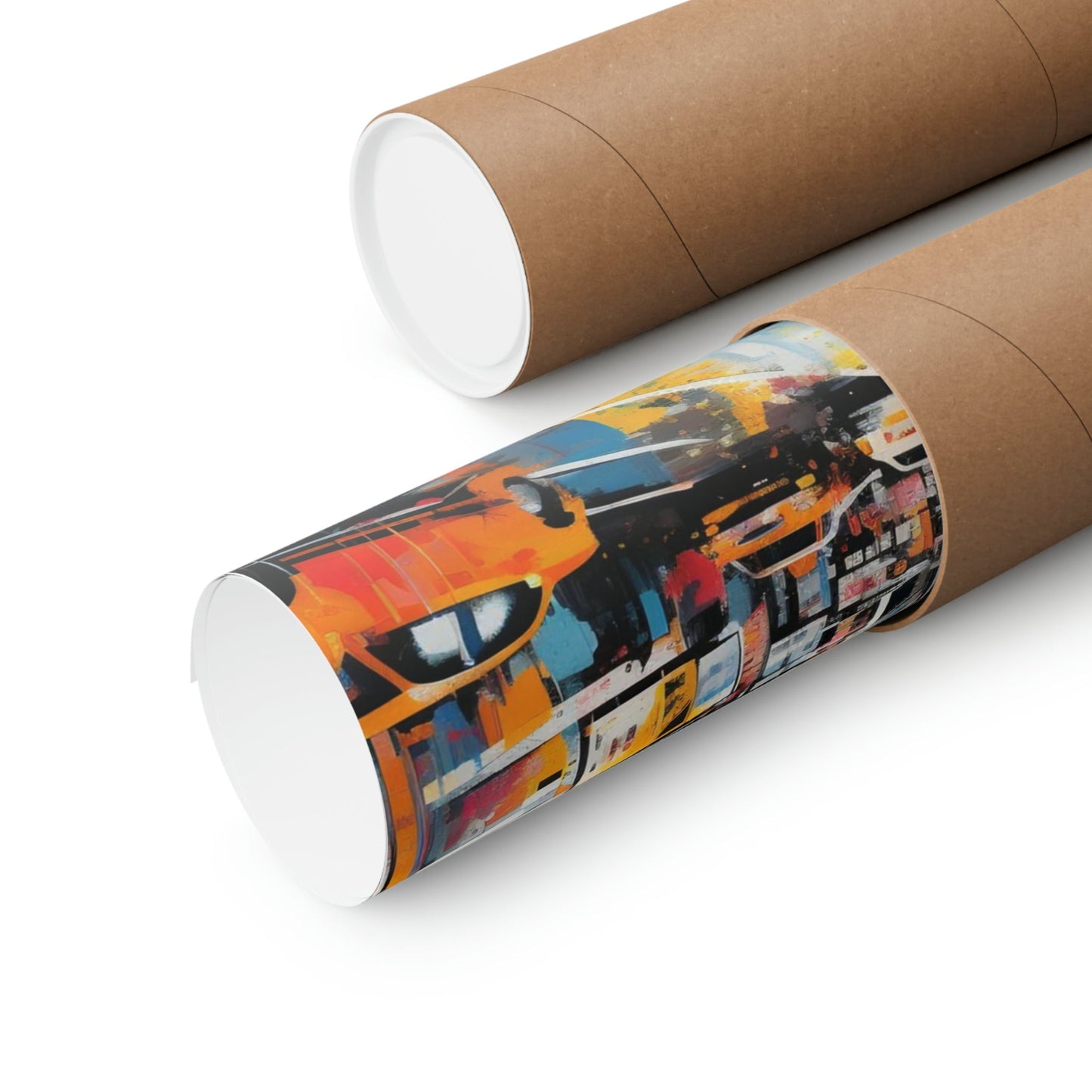 Cardboard mailing tubes, one plain and one with a colorful abstract design printed on it.