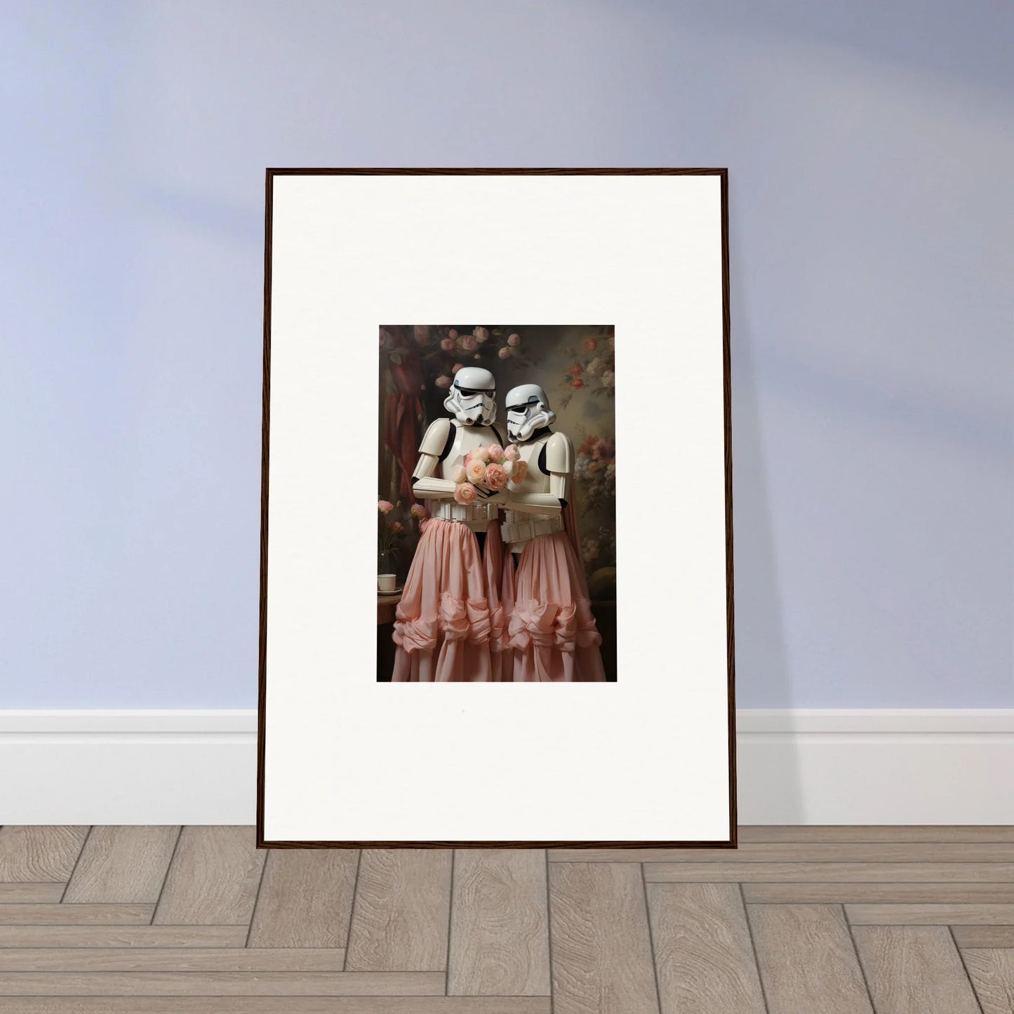 Framed artwork depicting two Stormtroopers in pink dresses.