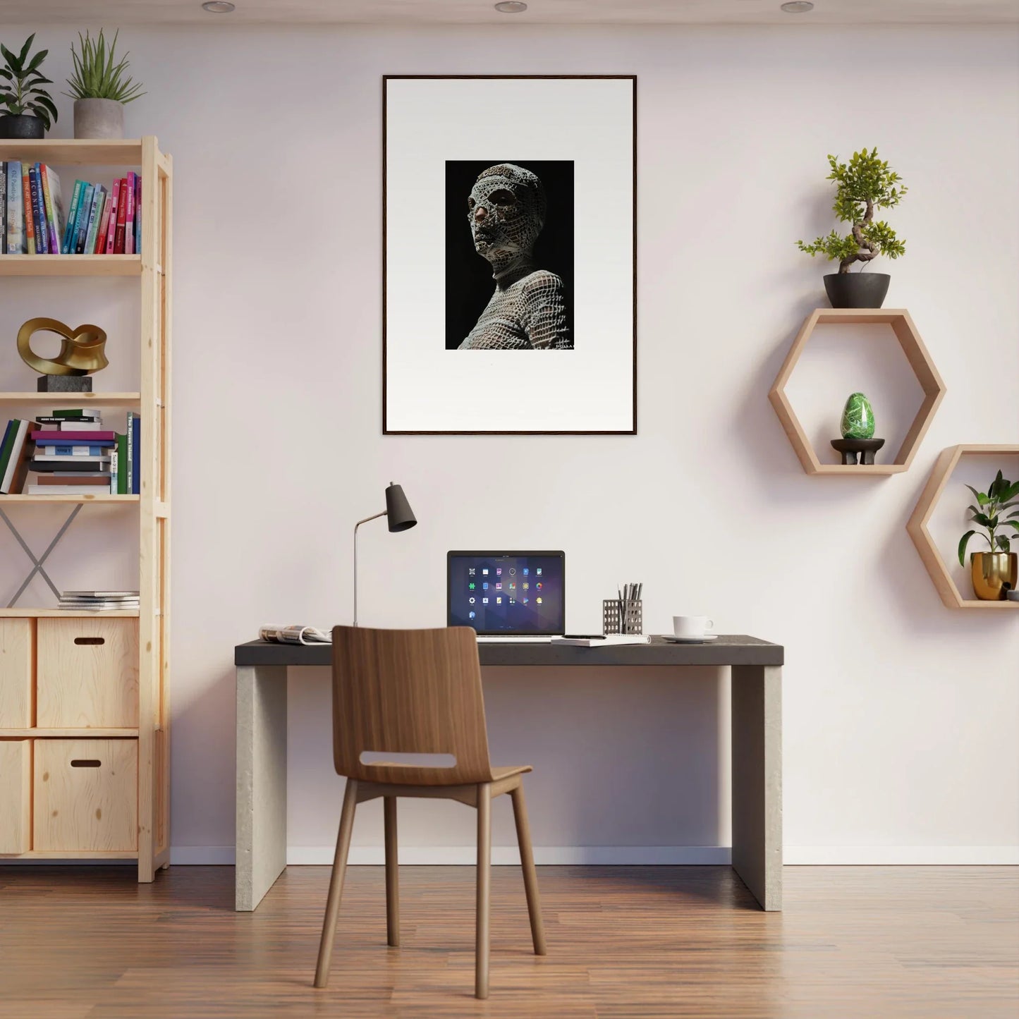 Home office workspace with a desk, chair, and wall decorations.