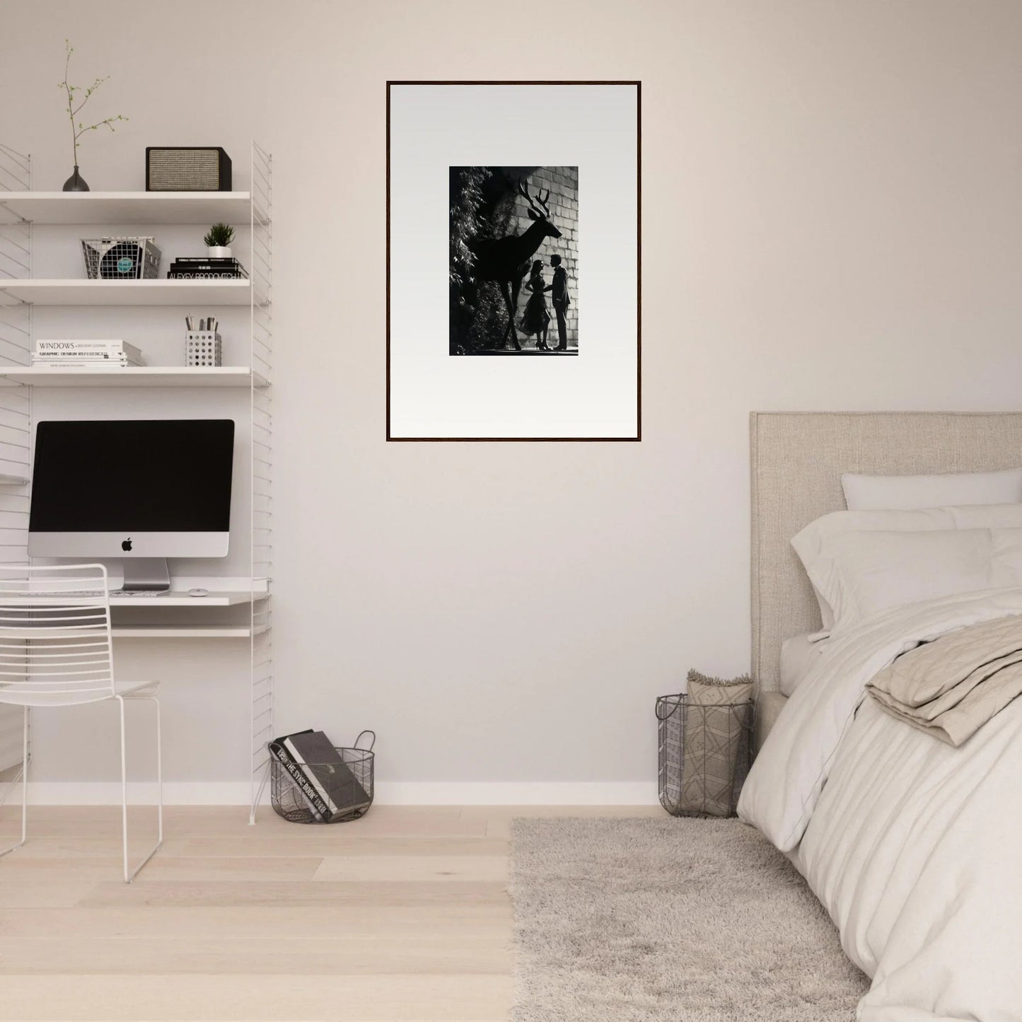 Minimalist bedroom with white walls, floating shelves, and a framed black-and-white photograph.