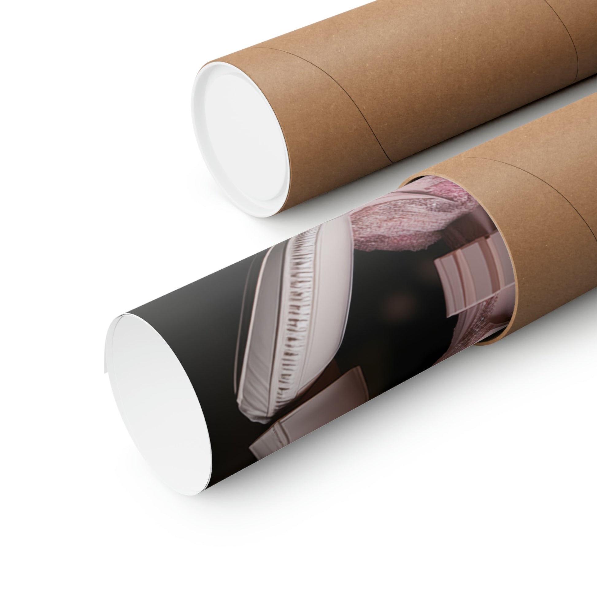 Cardboard mailing tubes, one open to reveal contents inside.