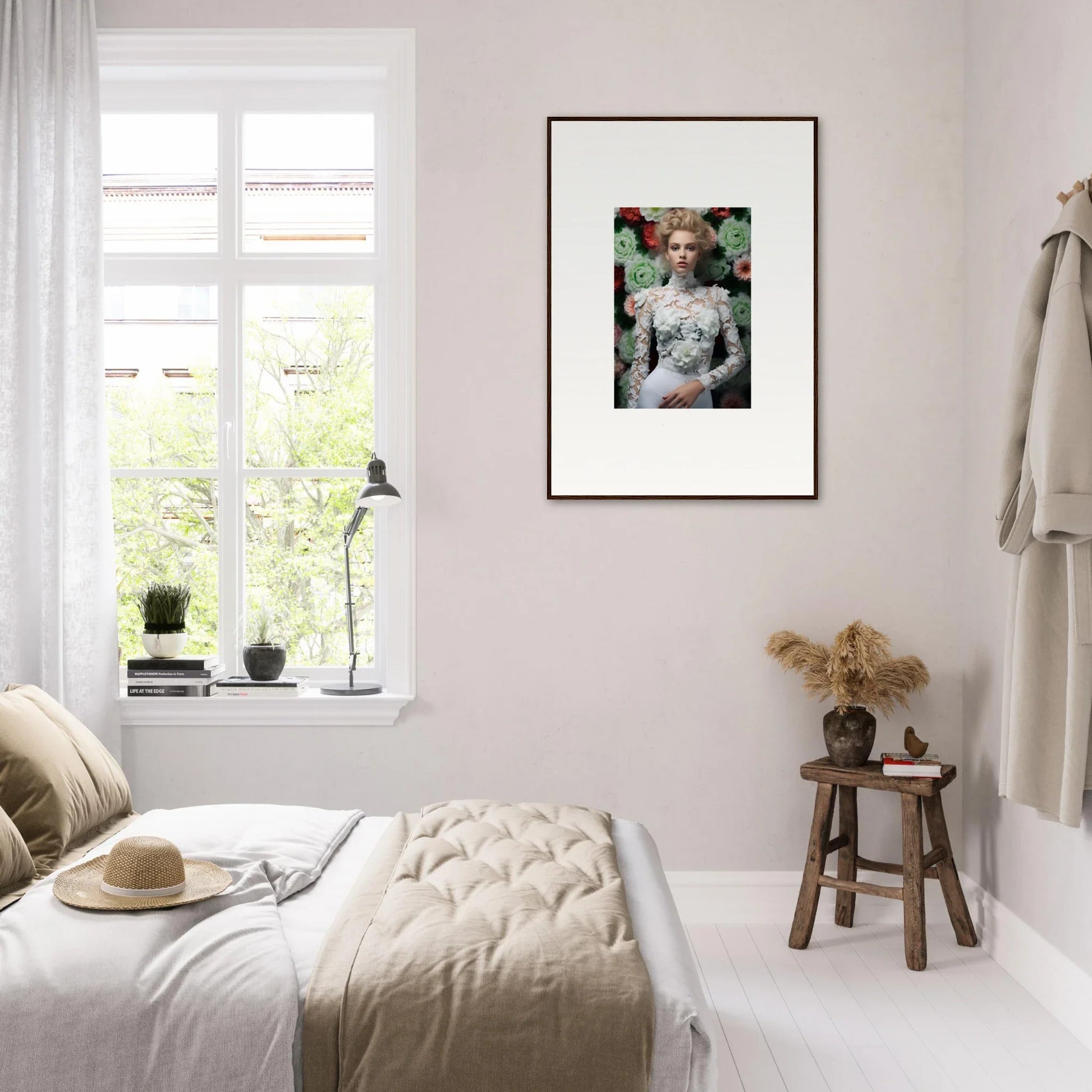 Bright, minimalist bedroom with a framed portrait on the wall.