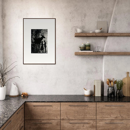 Modern kitchen with wooden cabinetry and a framed black and white photograph on the wall.