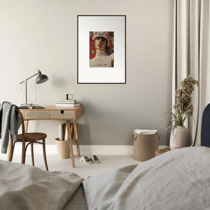 Framed portrait of a woman wearing an ornate headdress and jeweled collar.