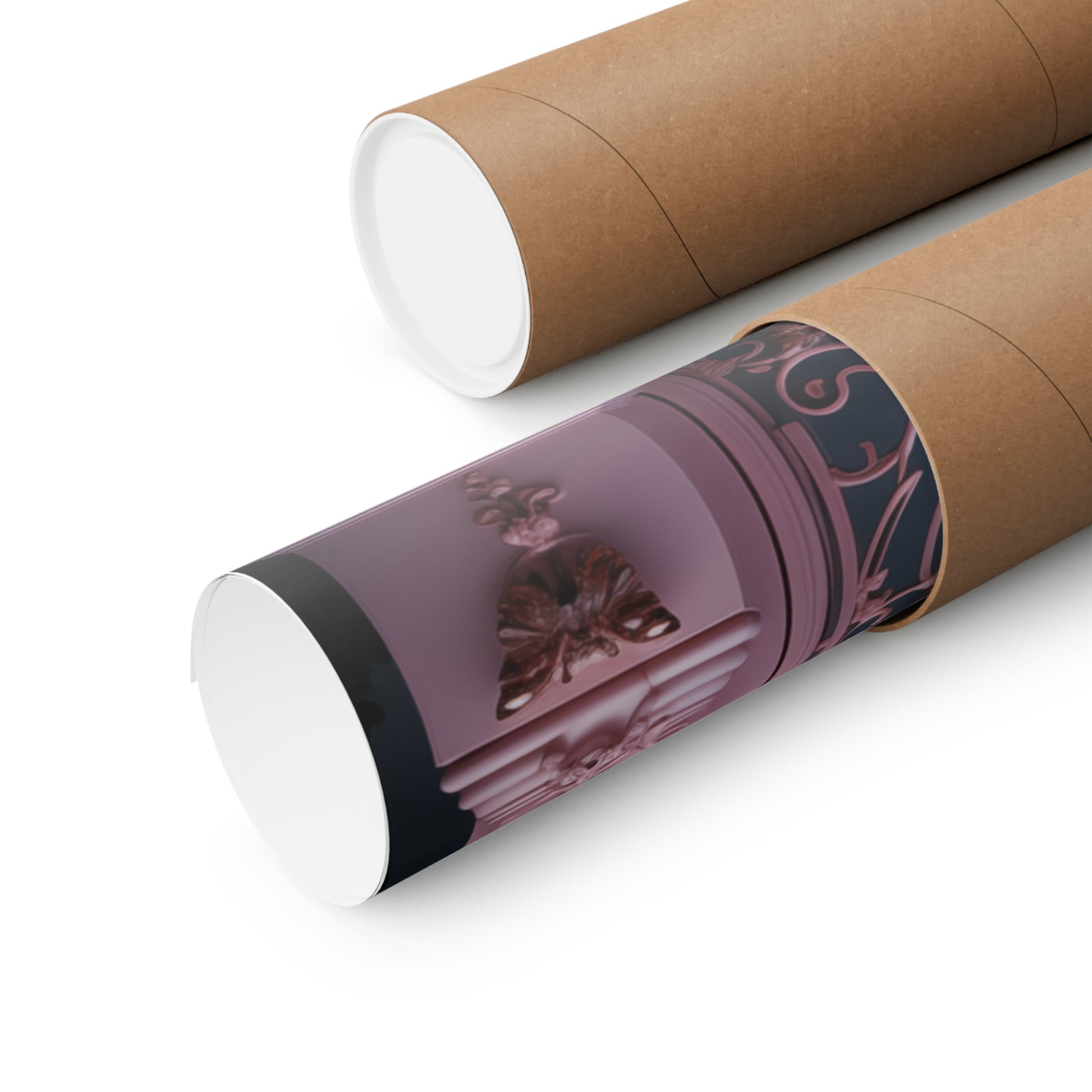 Cardboard mailing tubes, one plain and one decorated with a purple floral design.