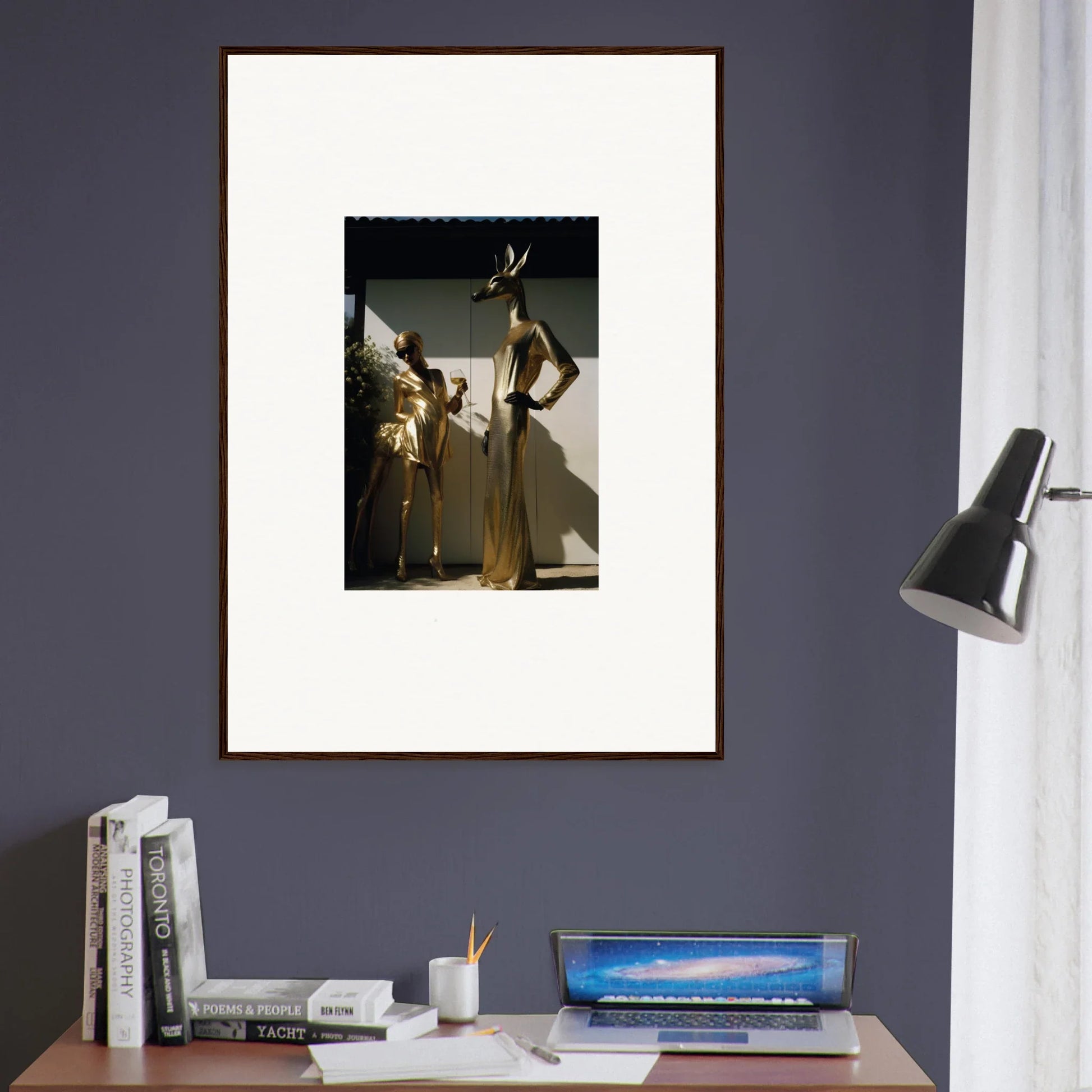 Framed photograph of a person wearing an elaborate headdress and costume.