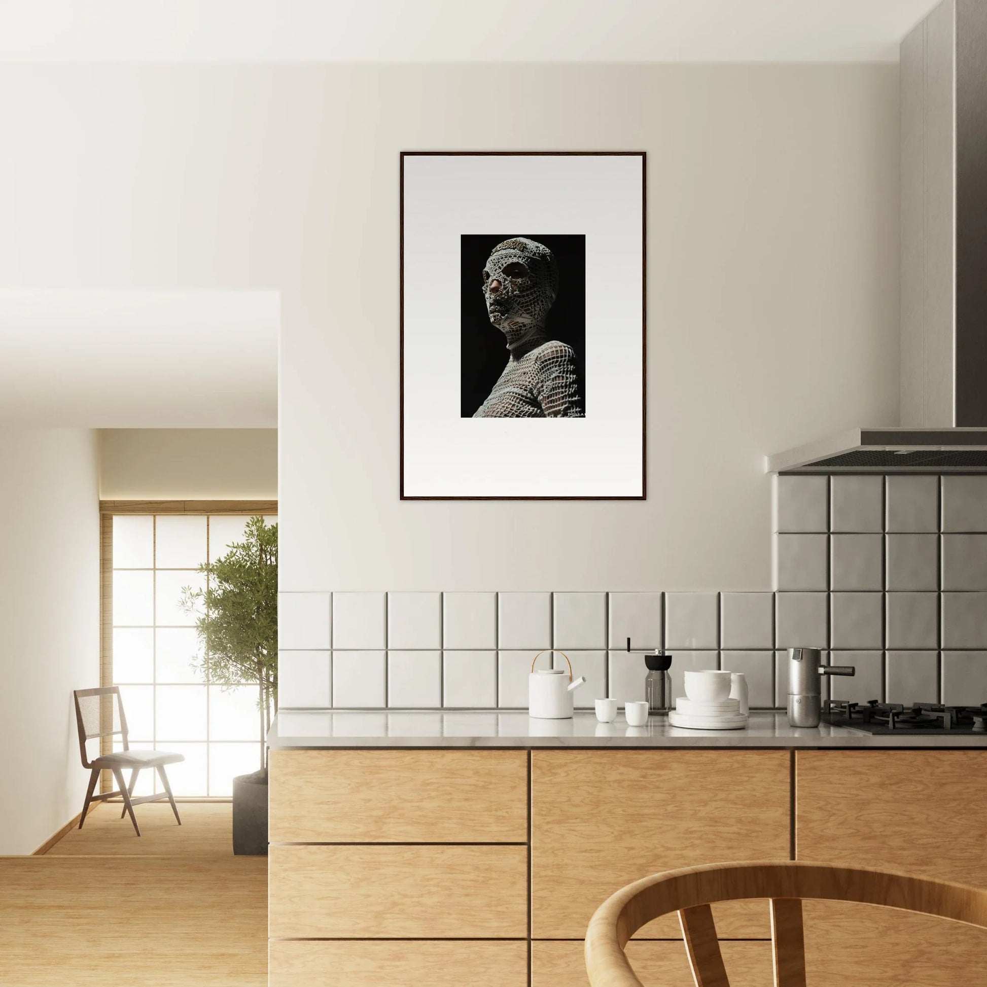 Modern kitchen with minimalist design featuring wooden cabinetry and a framed black-and-white artwork.