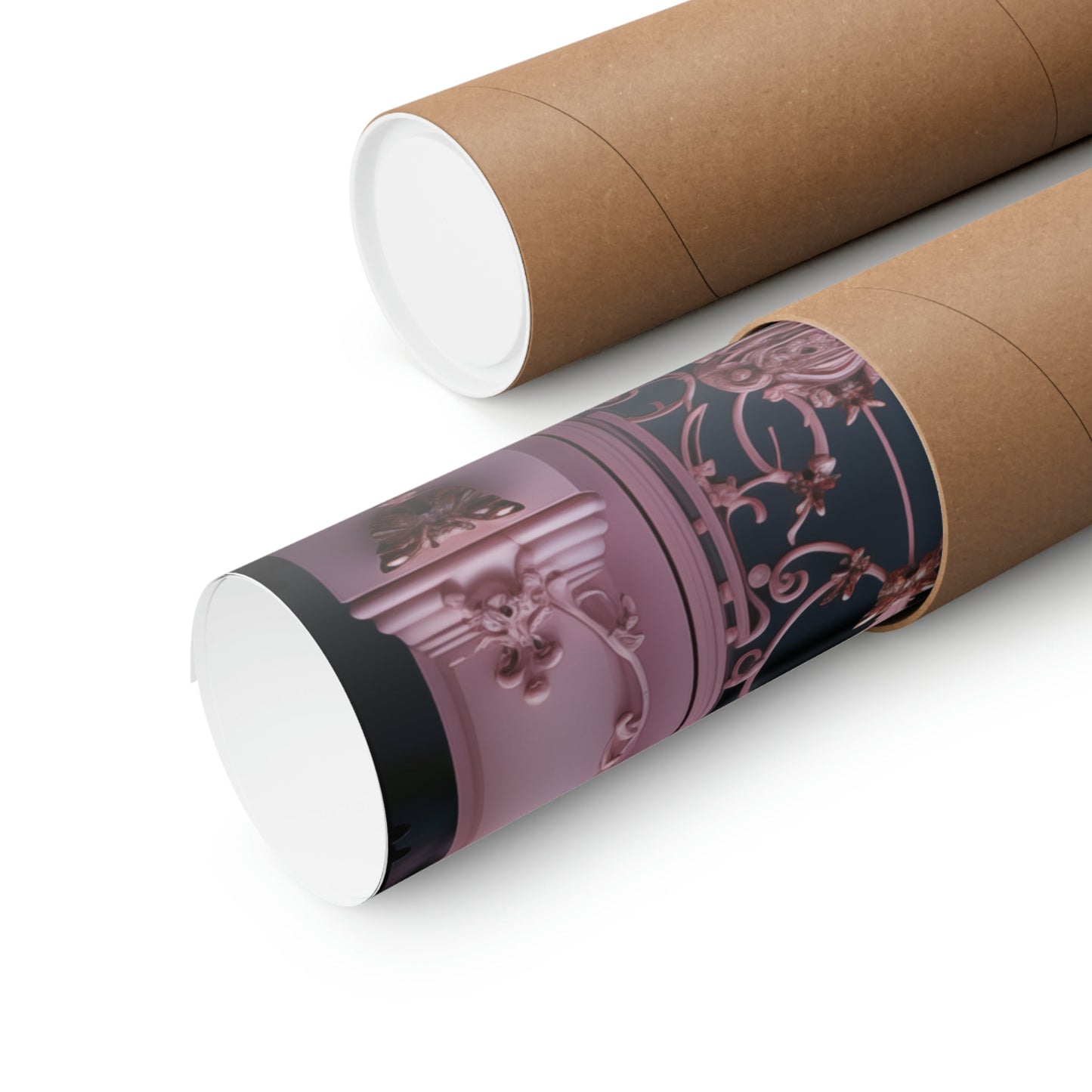 Cardboard mailing tubes, one plain and one decorated with a patterned sleeve.