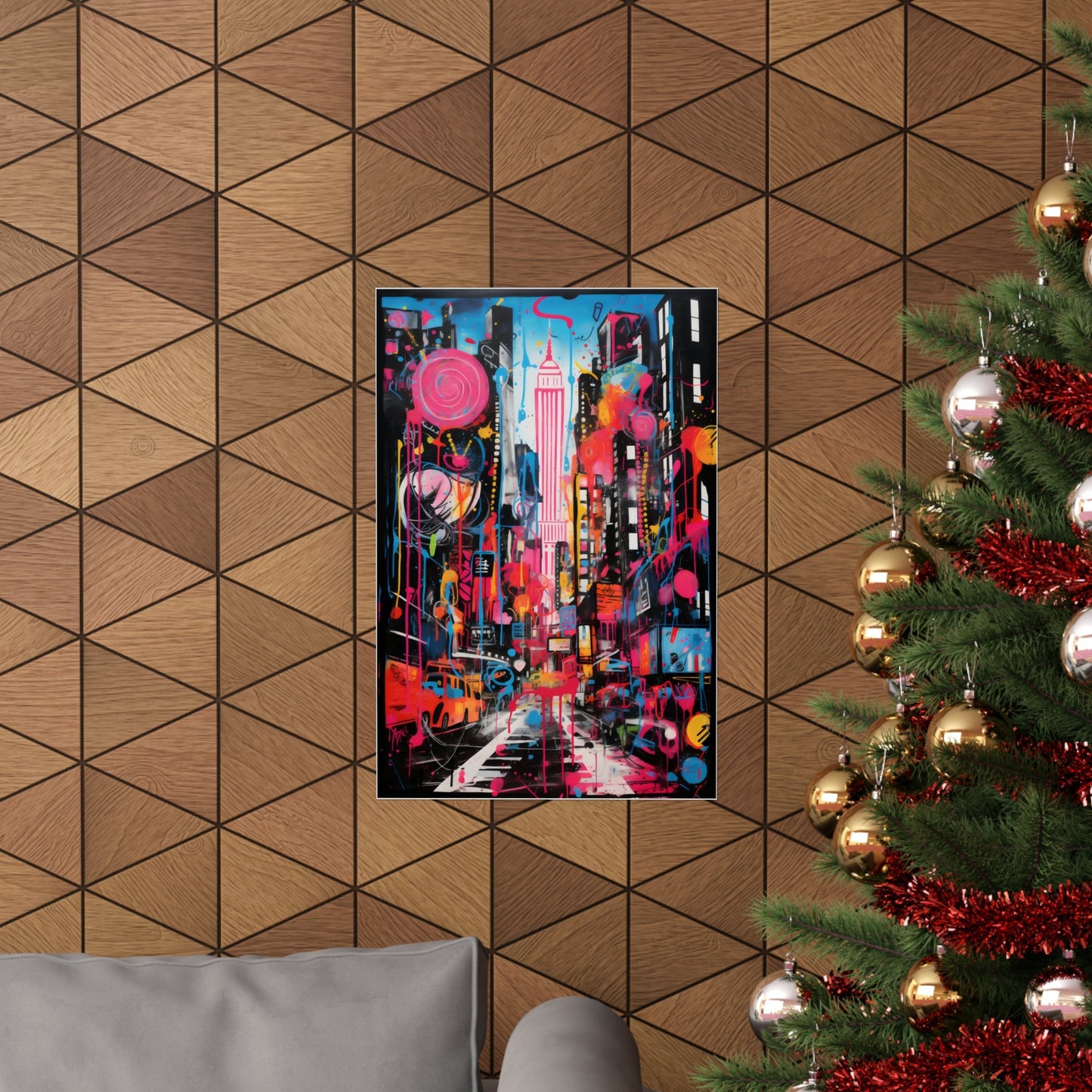 Colorful abstract cityscape painting featuring vibrant pinks, blues, and reds.