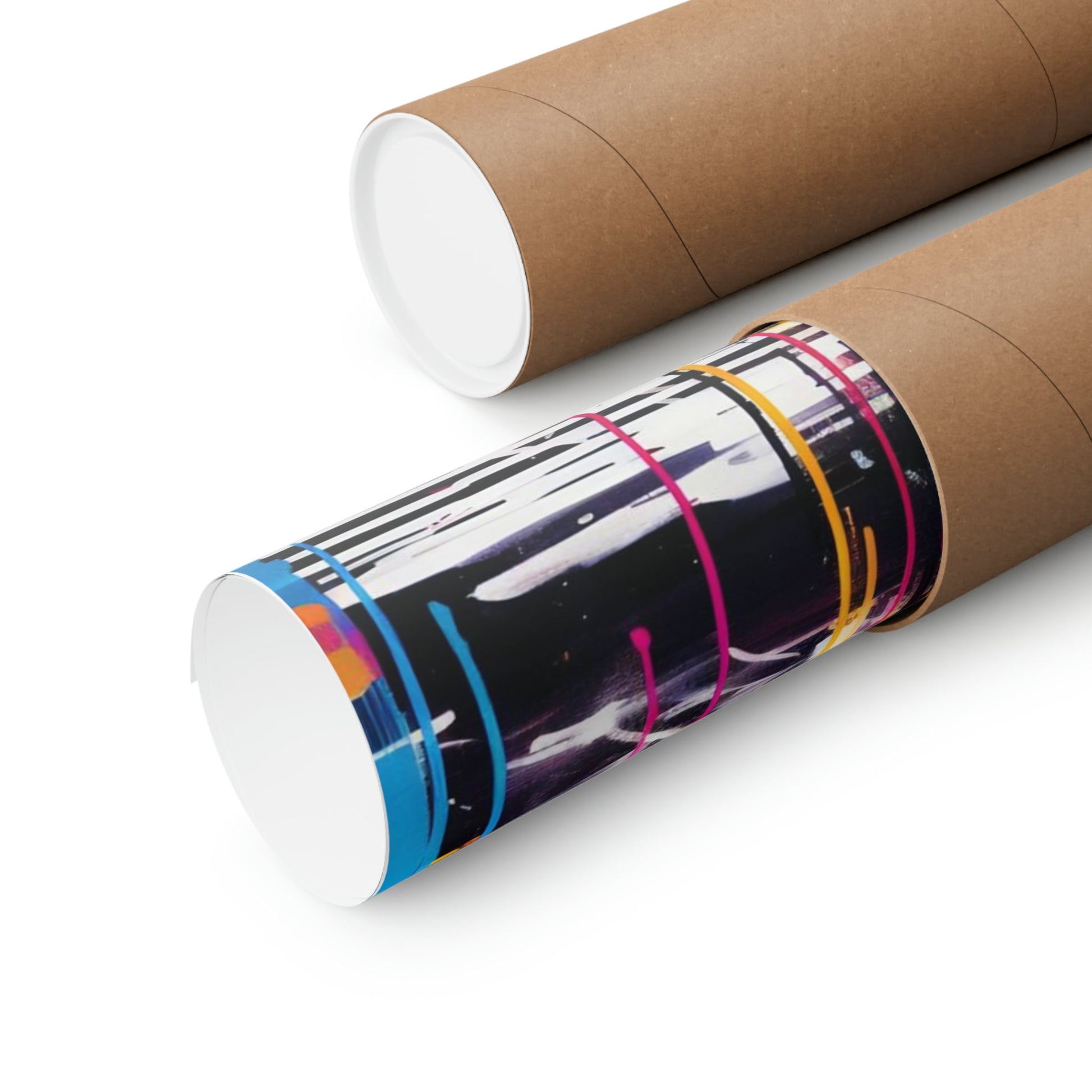 Cardboard mailing tubes, one plain and one with colorful abstract design.