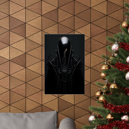 Dark, abstract artwork featuring a stylized alien-like figure with an elongated head against a black background.